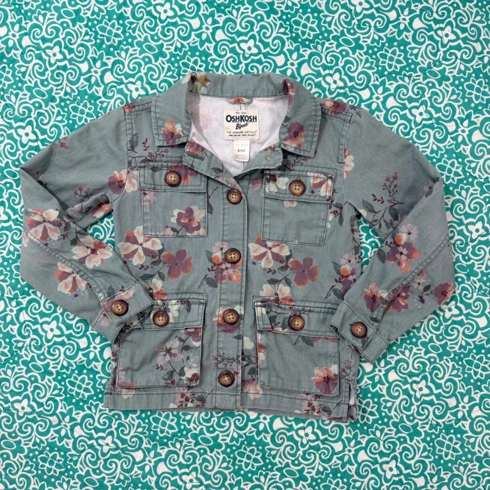 OshKosh Bgosh Girls Floral Utility Jacket Sage Green Cotton Size 6/6X